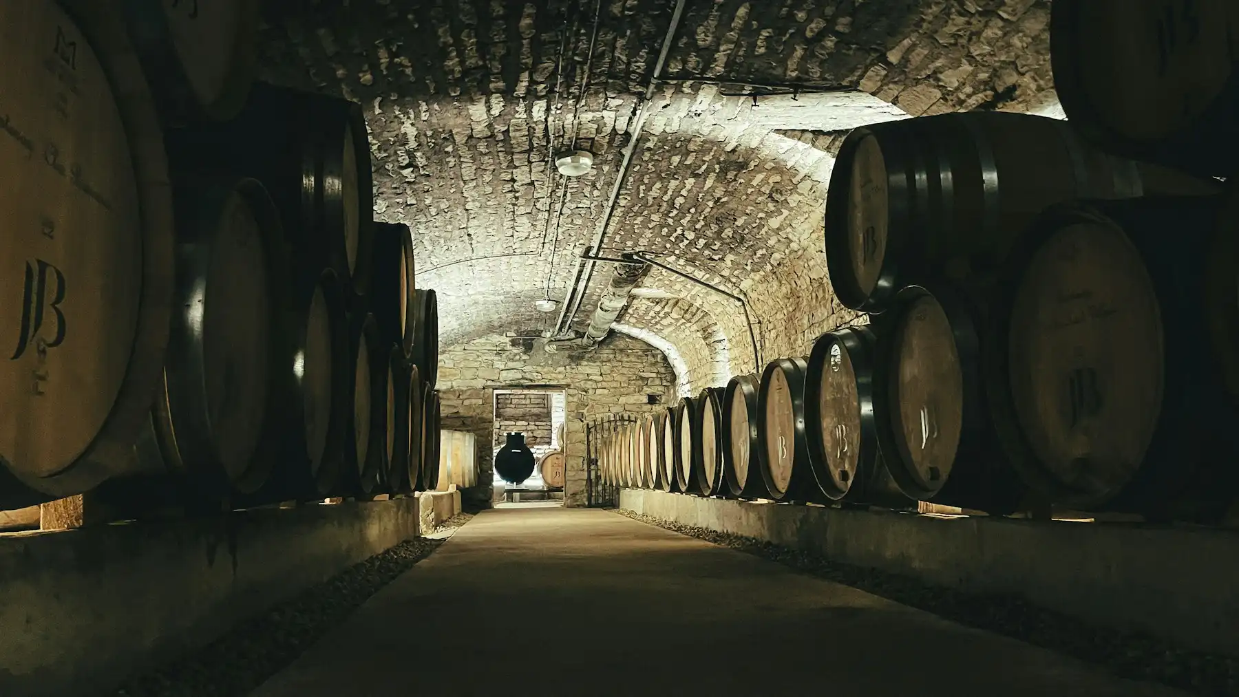A long vaulted cellar tunnel lined with wine barrels on both sides
