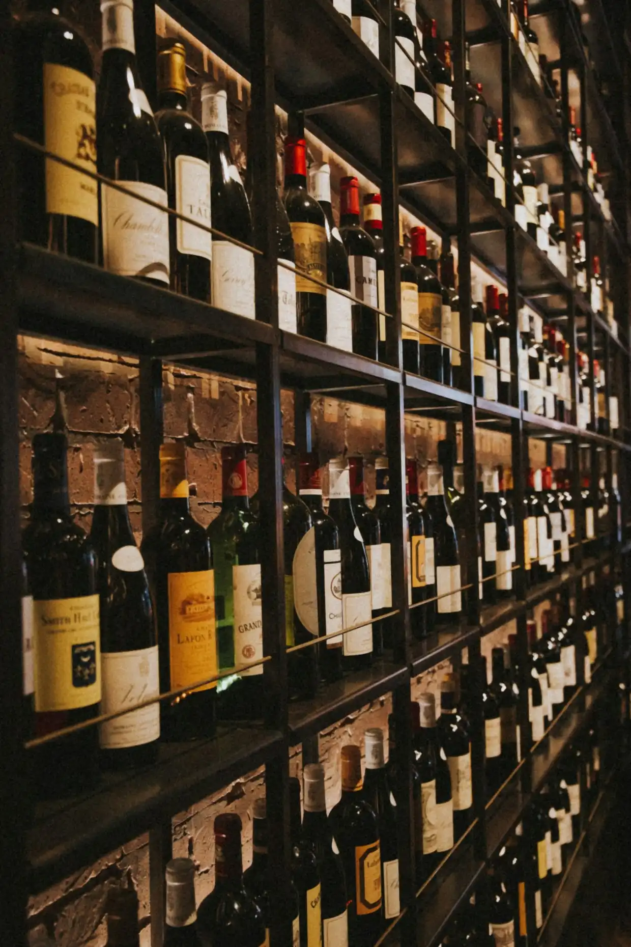 A floor-to-ceiling wall of cellared wine bottles in a dim shop